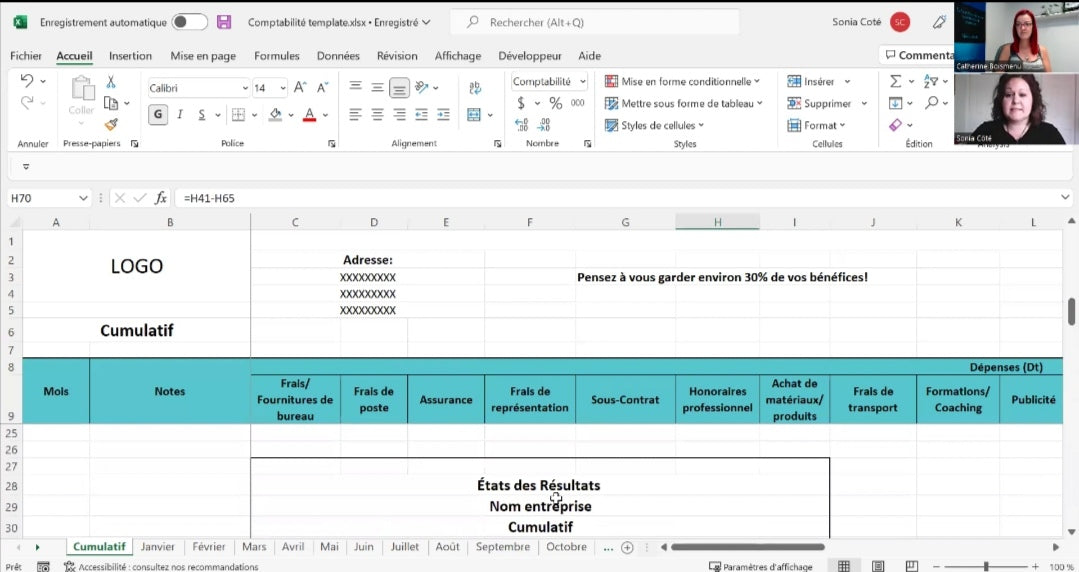 Fichier Excel pour votre Tenu Livre avec Sonia Côté
